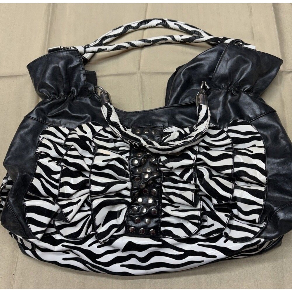 Vintage Y2K Zebra Print Ruffle Handbag Studded Hobo Bag Retro McBling Aesthetic - Picture 1 of 12